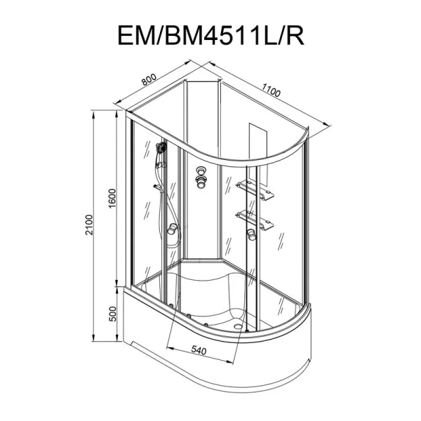 Душевая кабина Deto EM 110x80 см с полками EM4511LNLED (детальная фотография), асимметричные