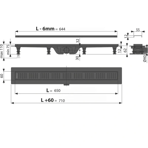 Душевой лоток Alcaplast 65 см с порогами черный матовый APZ10BLACK-650M (детальная фотография), душевой лоток