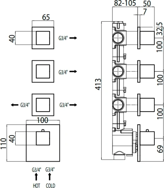 Внутренняя часть смесителя Bossini на 4 выхода Z030271000 (детальная фотография), по запросу