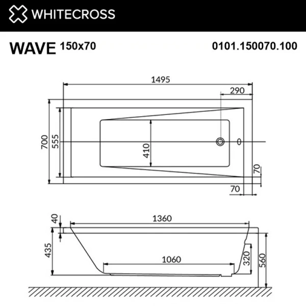 Ванна гидромассажная Whitecross Wave Relax, 150 х 70 см, увеличенная толщина акрила, усиленная армировка, белый/золото, 0101.150070.100.RELAX.GL (детальная фотография), современныe, hi-tech