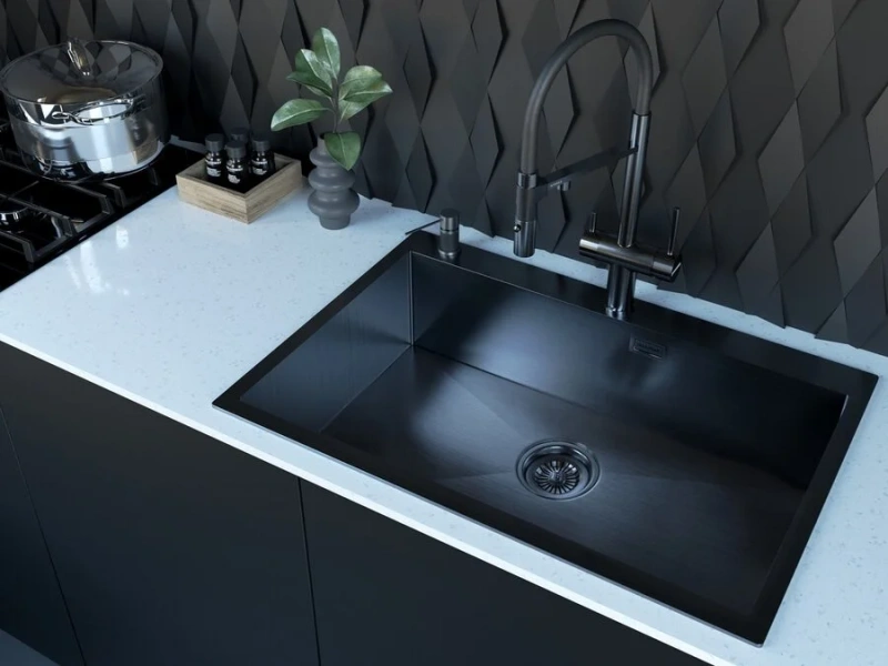 Мойка для кухни Paulmark Saar 75 см вороненая сталь PM807551-GM (детальная фотография), прямоугольной формы