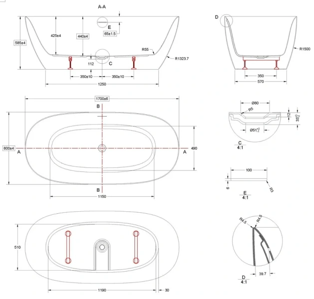 Ванна акриловая Vincea VBT-708-1600, 160 x 80 см, белая (детальная фотография), акриловые