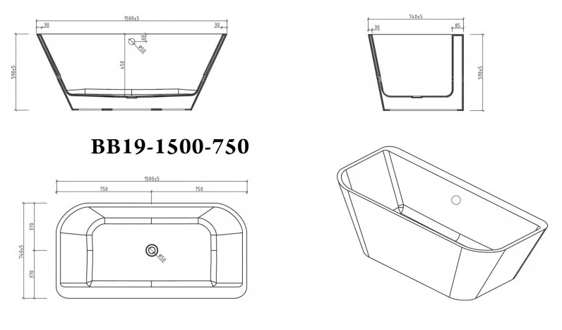 Ванна акриловая BelBagno 150х75 см белая BB19-1500-750 (детальная фотография), акриловые