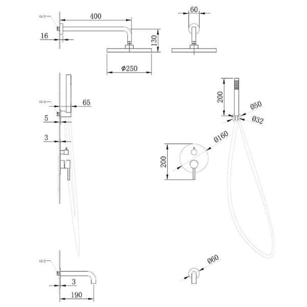 Душевой комплект Abber Wasser Kreis черный матовый AF8117B (детальная фотография), душевые комплекты, наборы