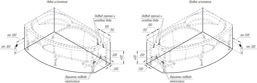 Акриловая ванна Радомир София 2-01-0-1-1-223/2-01-0-2-1-223, 169 х 99 см, L/R, с каркасом, белая (детальная фотография), асимметричные