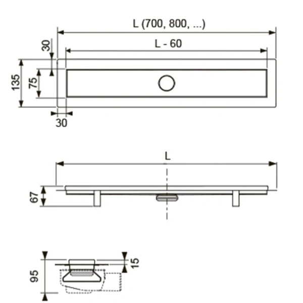 Душевой лоток Tece TECElinus 64 см с основой под плитку 15103070 (детальная фотография), душевой лоток