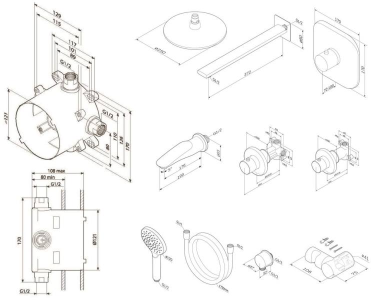 Схема (детальная фотография), душевые комплекты, наборы