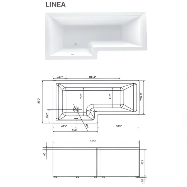 Ванна акриловая 1MarKa Linea 01лин16585лкс2+/01лин16585пкс2+, 165 x 85 см, левая/правая, цвет белый (детальная фотография), асимметричные