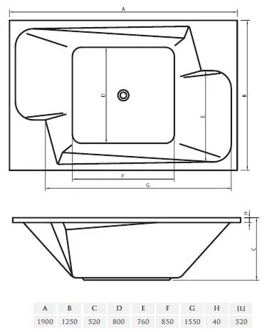 Ванна акриловая Vayer Ontario 190 х 125 см Гл000006815 (детальная фотография), современныe, hi-tech