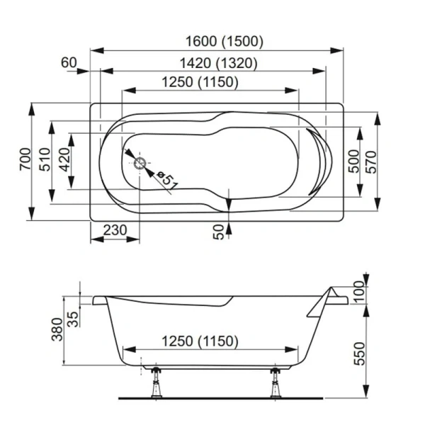 Ванна акриловая Vagnerplast Nymfa 150×70 см прямоугольная VPBA157NYM2E-04 (детальная фотография), акриловые