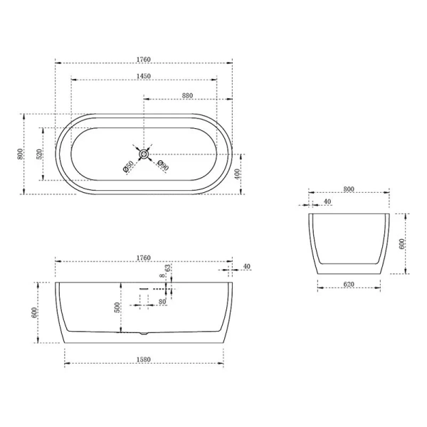 Акриловая ванна Abber 176х80 см отдельностоящая AB9219 (детальная фотография), белые