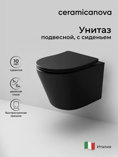 Унитаз подвесной Ceramica Nova Balearica черный матовый CN6000MB (детальная фотография), круглой формы