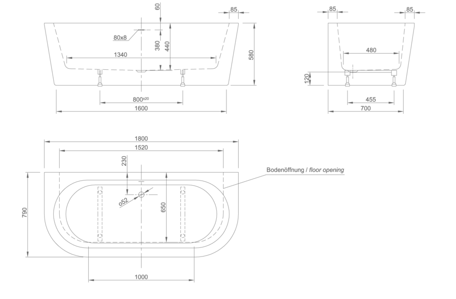 Ванна акриловая Knief Wall 0100-277 180 х 80 см, белая 0100-277-06 (детальная фотография), акриловые