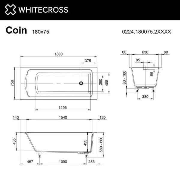 Ванна Whitecross Coin 0224.180075.2XXXX, 180 х 75 см, искусственный камень, покраска по RAL, поверхность матовая (детальная фотография), искусственный камень