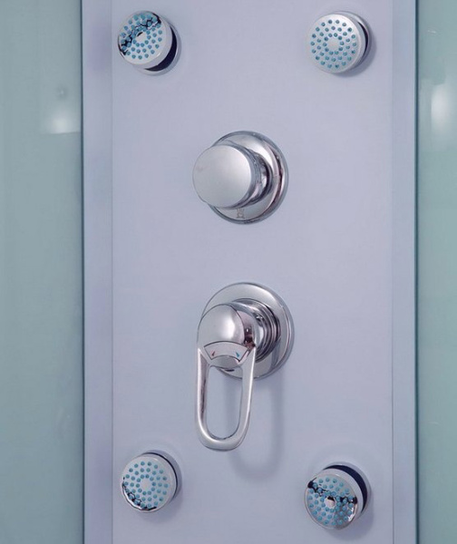 Душевая кабина Timo Eco 100х100 см стекло рифленое TE-0701 (детальная фотография), угловые, недорогие, для дачи, с гидромассажем, c тропическим душем, с вентиляцией, с крышей, с радио