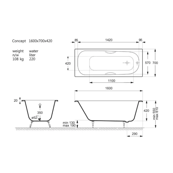 Чугунная ванна Vinsent Veron Concept VCO1607042H, 160 x 70 см, с отверстиями под ручки, цвет белый (детальная фотография), чугунные