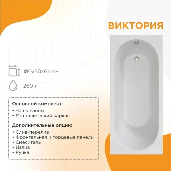 Акриловая ванна Радомир Виктория 2-01-0-0-1-243Р, 180 x 70 см, каркас разборный в комплекте, белая (детальная фотография), в наличии