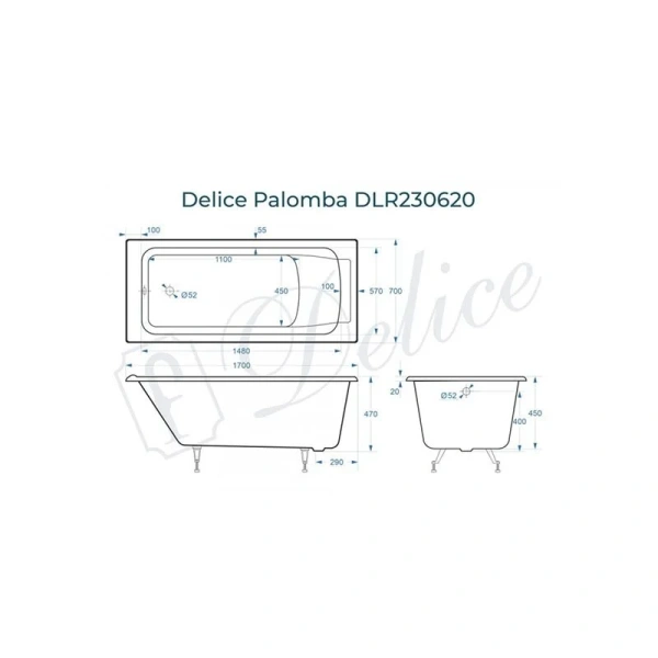 Ванна чугунная Delice Palomba 170x70 см белая DLR230620 (детальная фотография), чугунные