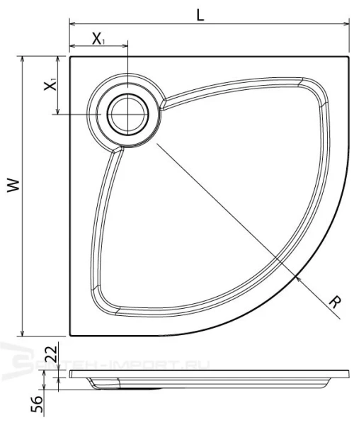 Душевой поддон Cezares Tray 90x90 см из искусственного мармора TRAY-S-R-90-550-56-W (детальная фотография), полукруглые, четверть круга