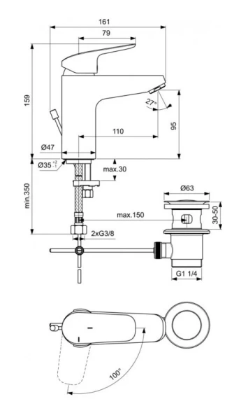 Смеситель для раковины Ideal Standard Ceraflex с донным клапаном B1715AA (детальная фотография), для раковины