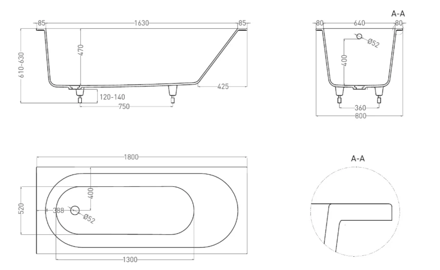 Ванна из искусственного камня Salini Ornella 180x80 см S-Sense белая матовая 102312M (детальная фотография), 180x80 см