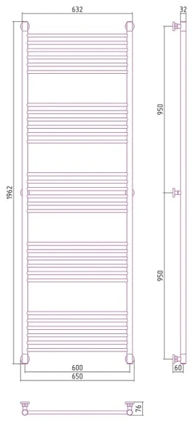 Полотенцесушитель водяной Сунержа Богема+ 0220-1960 60х190 см перемычка прямая (детальная фотография), современные, hi-tech