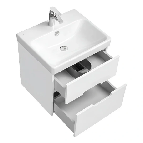 Тумба с раковиной подвесная Акватон Оливия 1A254201OL 55 см с двумя ящиками (детальная фотография), моноблок