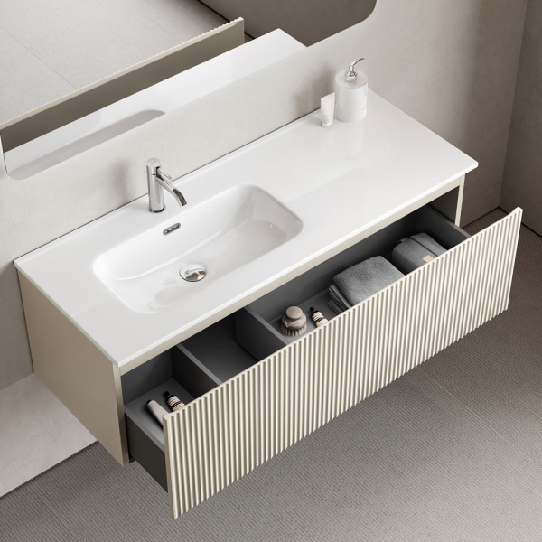 Тумба под раковину подвесная Sancos Snob R 1.0 120 см левая beige soft SNR1.0120LCE (детальная фотография), подвесная, пристенная