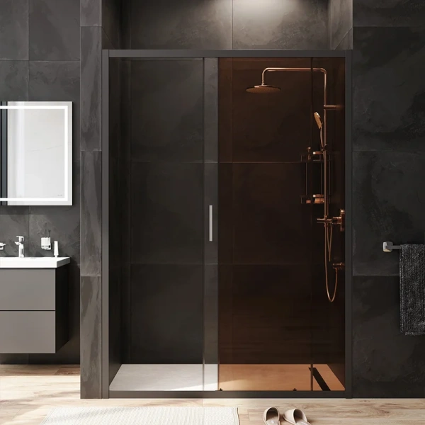 Душевая дверь в нишу AM.PM Gem Solo 140 см профиль черный стекло бронза W90G-140-1-195BBr (детальная фотография), современные, hi-tech
