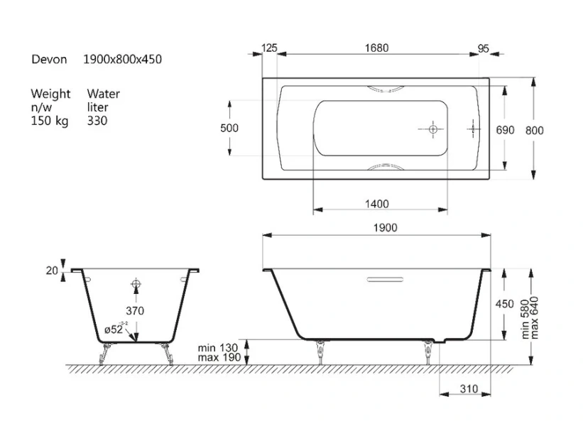 Чугунная ванна Vinsent Veron Devon VDV1908045H/E60327CH, 190 x 80 см, ручки хром, цвет белый (детальная фотография), чугунные