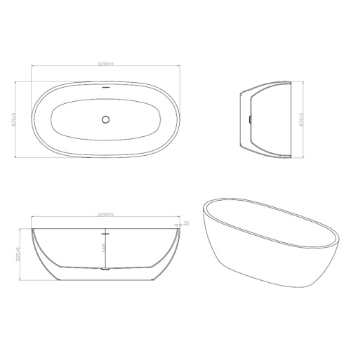 Ванна акриловая Vincea 170x87 см белая VBT-204 (детальная фотография), овальные