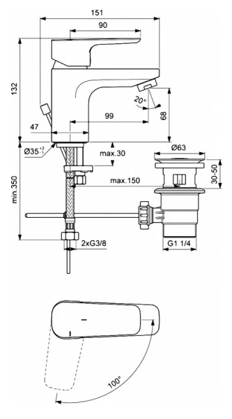 Смеситель для раковины Ideal Standard Ceraplan III Slim с пластиковым донным клапаном BC578AA (детальная фотография), для раковины