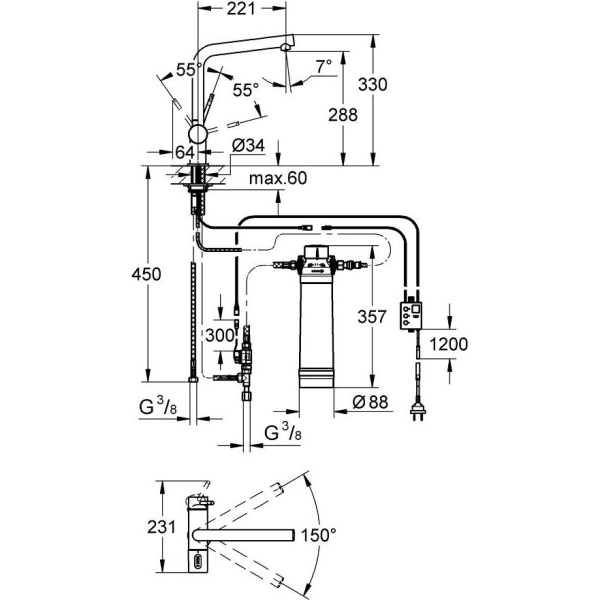 Схема (детальная фотография), на мойку, на столешницу