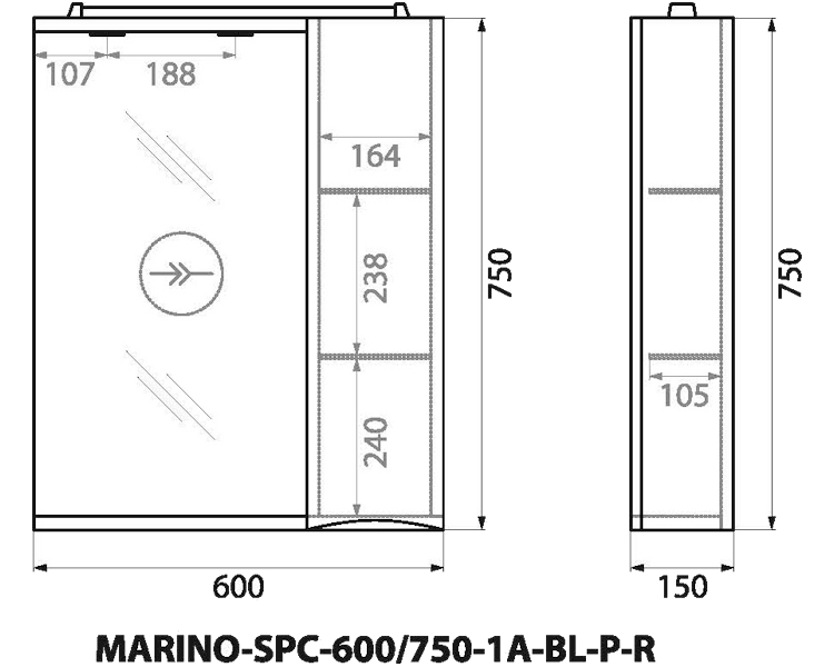 Зеркальный шкаф с подсветкой BelBagno Marino 60 см правосторонний MARINO-SPC-600/750-1A-BL-P-R (детальная фотография) index_1