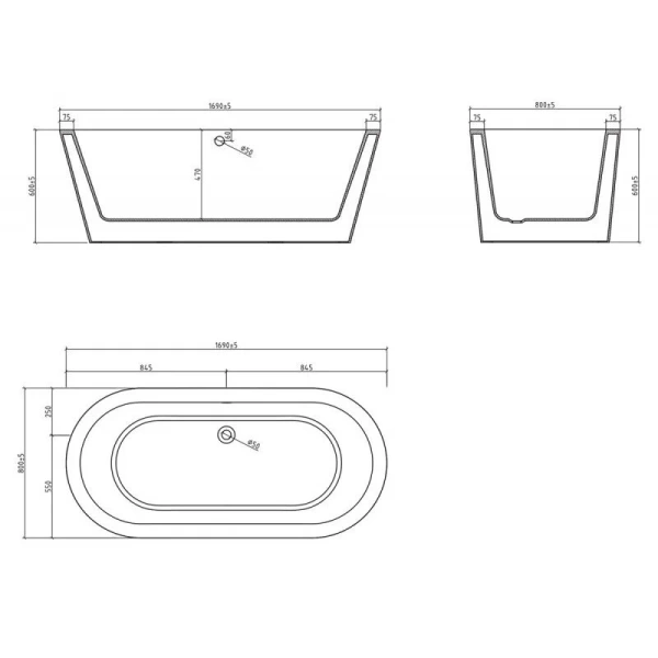 Ванна акриловая BelBagno 170х80 см отдельностоящая BB202-1700-800 (детальная фотография), современныe, hi-tech