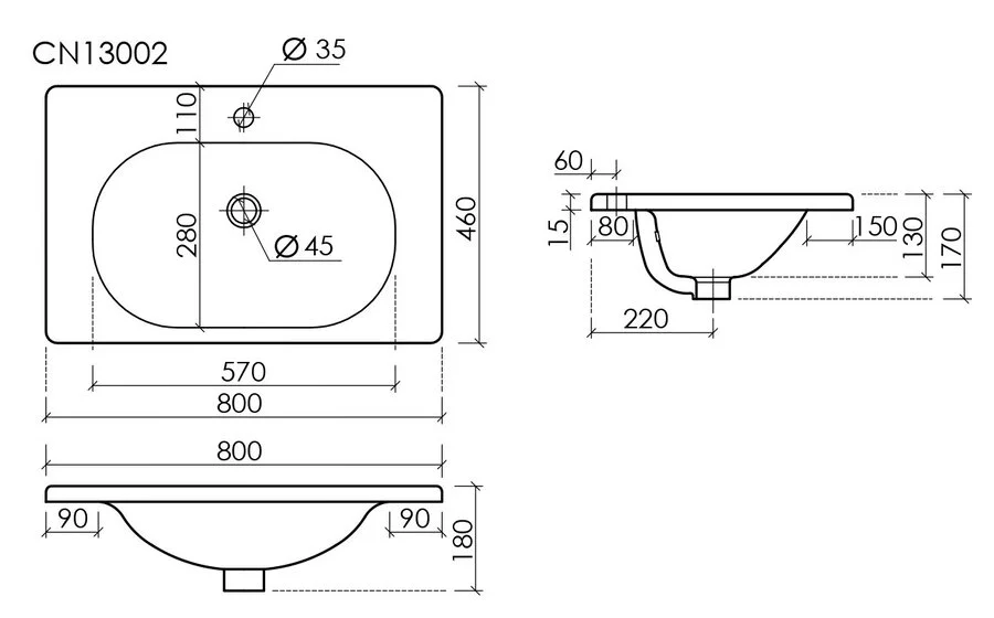 Раковина Ceramica Nova Sabo 80 см белая CN13002 (детальная фотография), современные, hi-tech