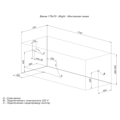 Ванна акриловая Aquanet Bright 175х70 см белая 273795 (детальная фотография), акриловые index_1