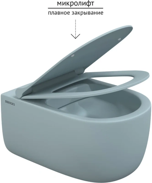 Унитаз подвесной BERGES Ego матовый голубой 083229 (детальная фотография), безободковые, сиденье с микролифтом 