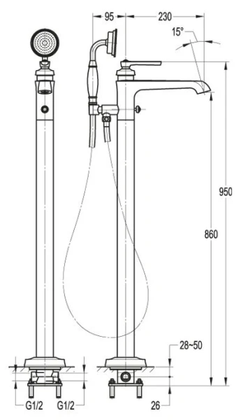 Смеситель для ванны Cezares Liberty напольный с ручным душем LIBERTY-F-VDP-01 (детальная фотография), для ванны