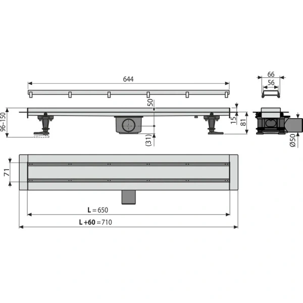Душевой лоток Alcaplast APZ 65 см с решеткой и опорами APZ13-DOUBLE9-650 (детальная фотография), душевой лоток