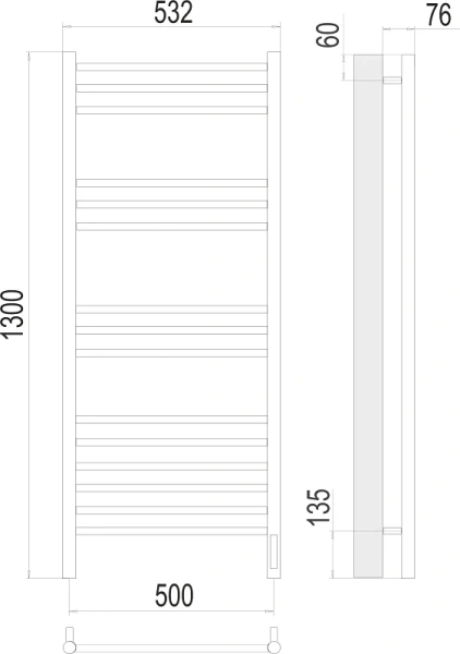 Полотенцесушитель электрический Terminus Аврора П15 500х1300 хром 4670078527233 (детальная фотография), современные, hi-tech