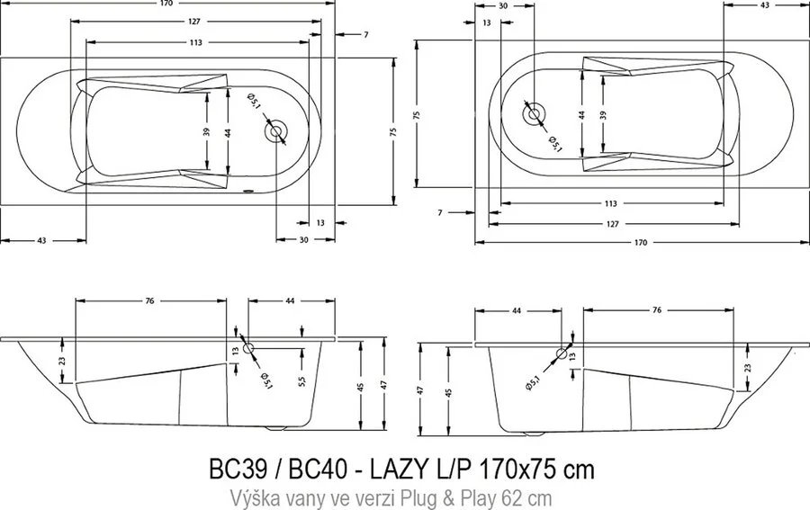 Ванна акриловая Riho Lazy 170x75 см правосторонняя B079001005 (детальная фотография), современныe, hi-tech