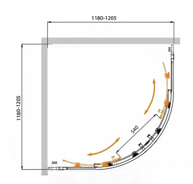 Душевой уголок Cezares Molveno 120х120 см рифленое стекло MOLVENO-R-22-90+30-P-Cr (детальная фотография), полукруглые, четверть круга