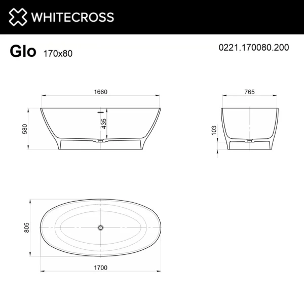 Ванна Whitecross Glock, 0221.170080.200, 170 x 80 см, искусственный камень, белая матовая (детальная фотография), искусственный камень