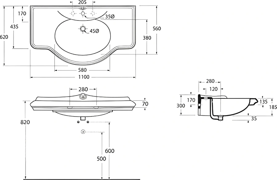 Раковина Azzurra Jubilaeum 110 см прямоугольная JULP1106200MBI (JUB200/110 bi))*1 (детальная фотография), белые