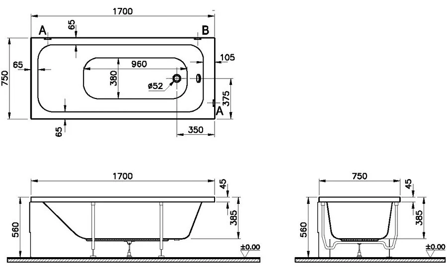 Ванна акриловая VitrA Optimum Neo 64570001000, 170 х 75 см (детальная фотография), акриловые