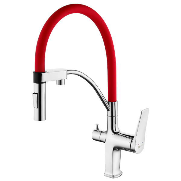 Смеситель для питьевой воды Lemark Comfort с гибким изливом хром/красный LM3074C-Red (детальная фотография)