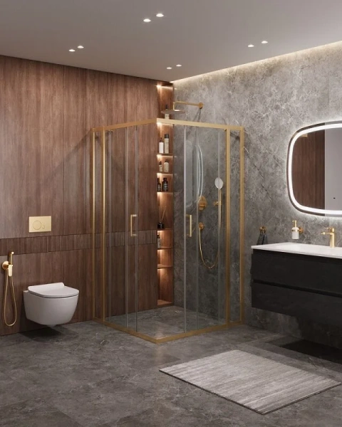 Душевой уголок Cezares Molveno 110х110 стекло прозрачное профиль золото MOLVENO-A-22-90+20-C-BORO-IV (детальная фотография), золото