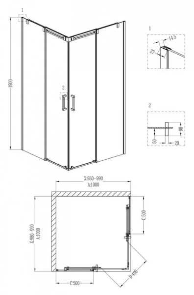 Душевой уголок Grossman Galaxy 100x100 см квадратный GR-3100 (детальная фотография), квадратные