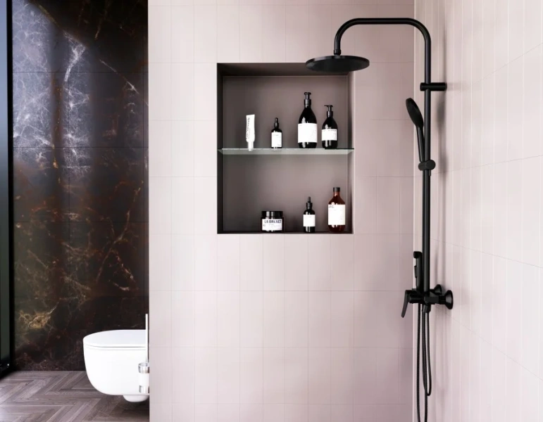 Душевая стойка Damixa Apollo со смесителем-полкой, черный матовый DX220910300 (детальная фотография), черные